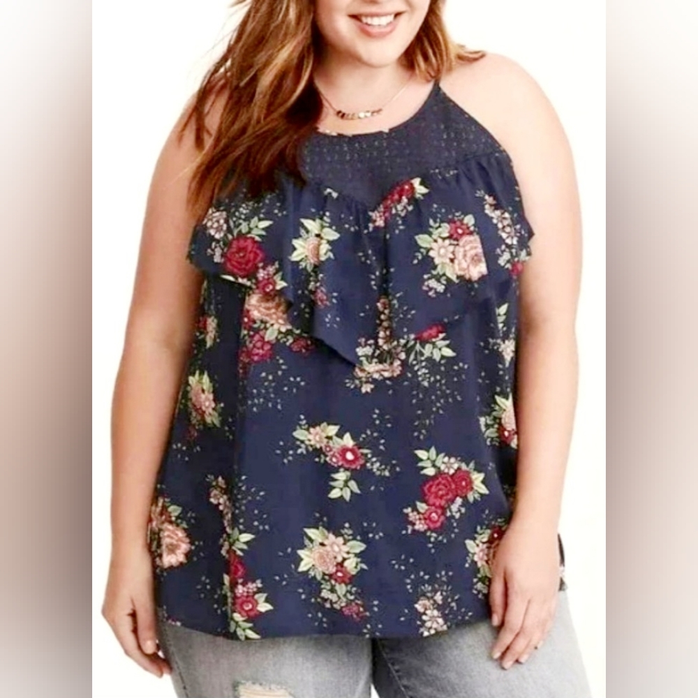 Navy Floral Ruffle Halter Women's Top